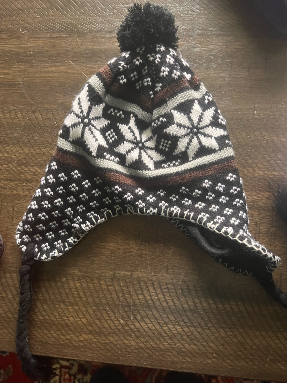 Source Unknown Brown and Cream Nordic Knit Earflap Hat with Pom